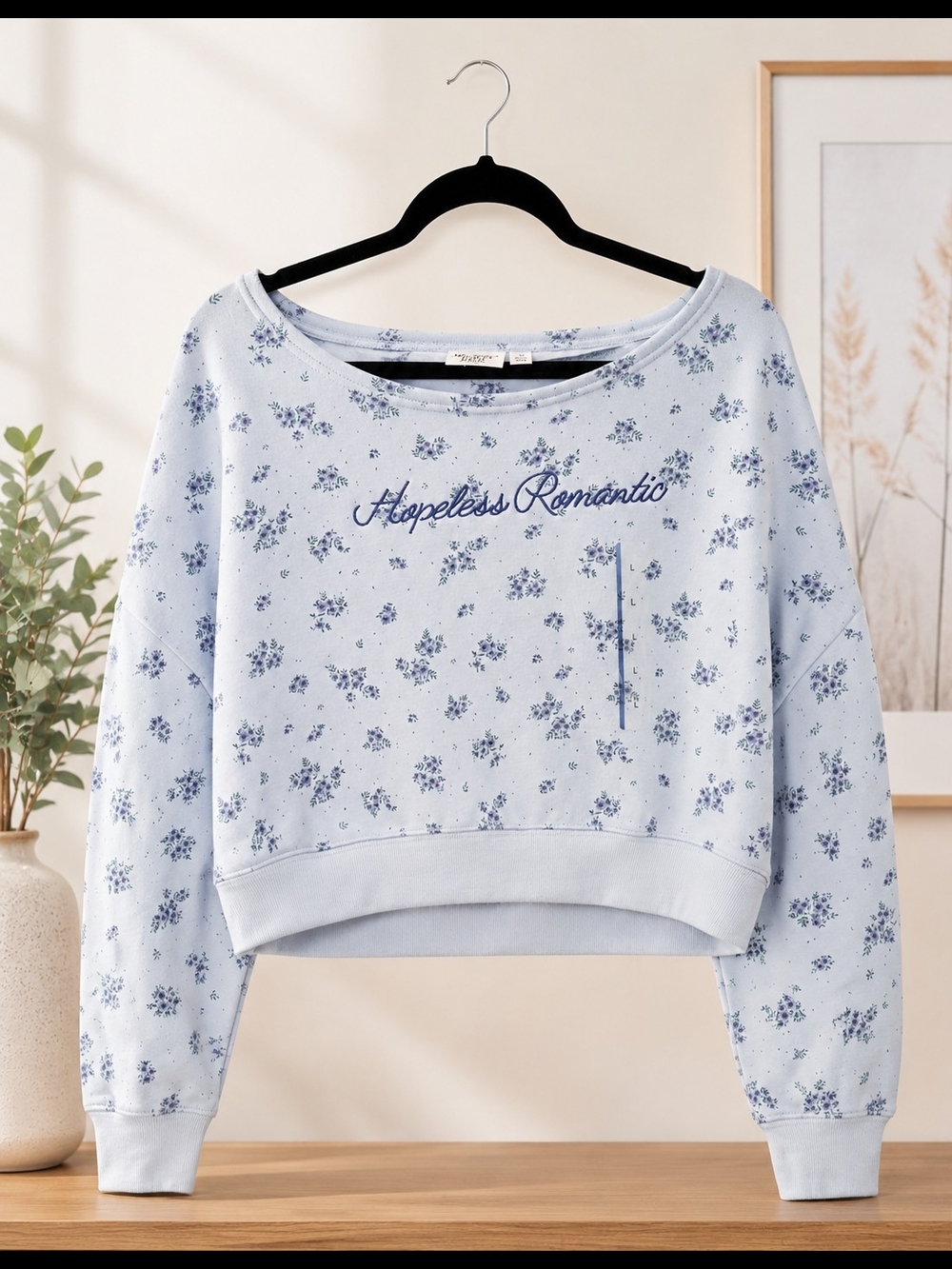 Mighty Fine Pale Blue 'Hopeless Romantic' Floral Cropped Sweatshirt